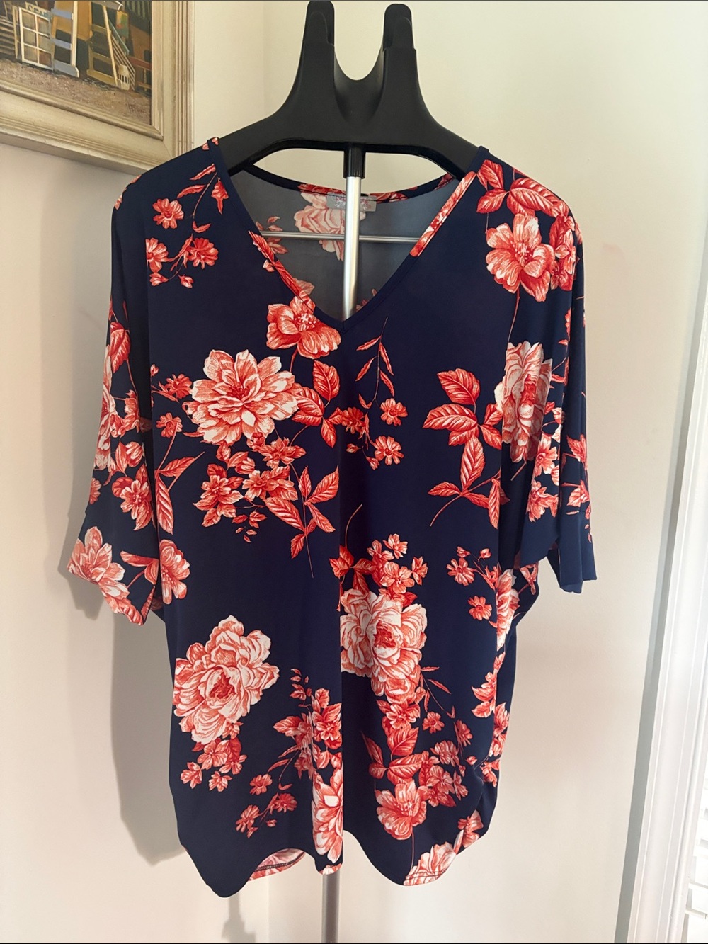 Navy Floral V-Neck Blouse with Coral Flowers L/XL Floral Garden Party Effortless